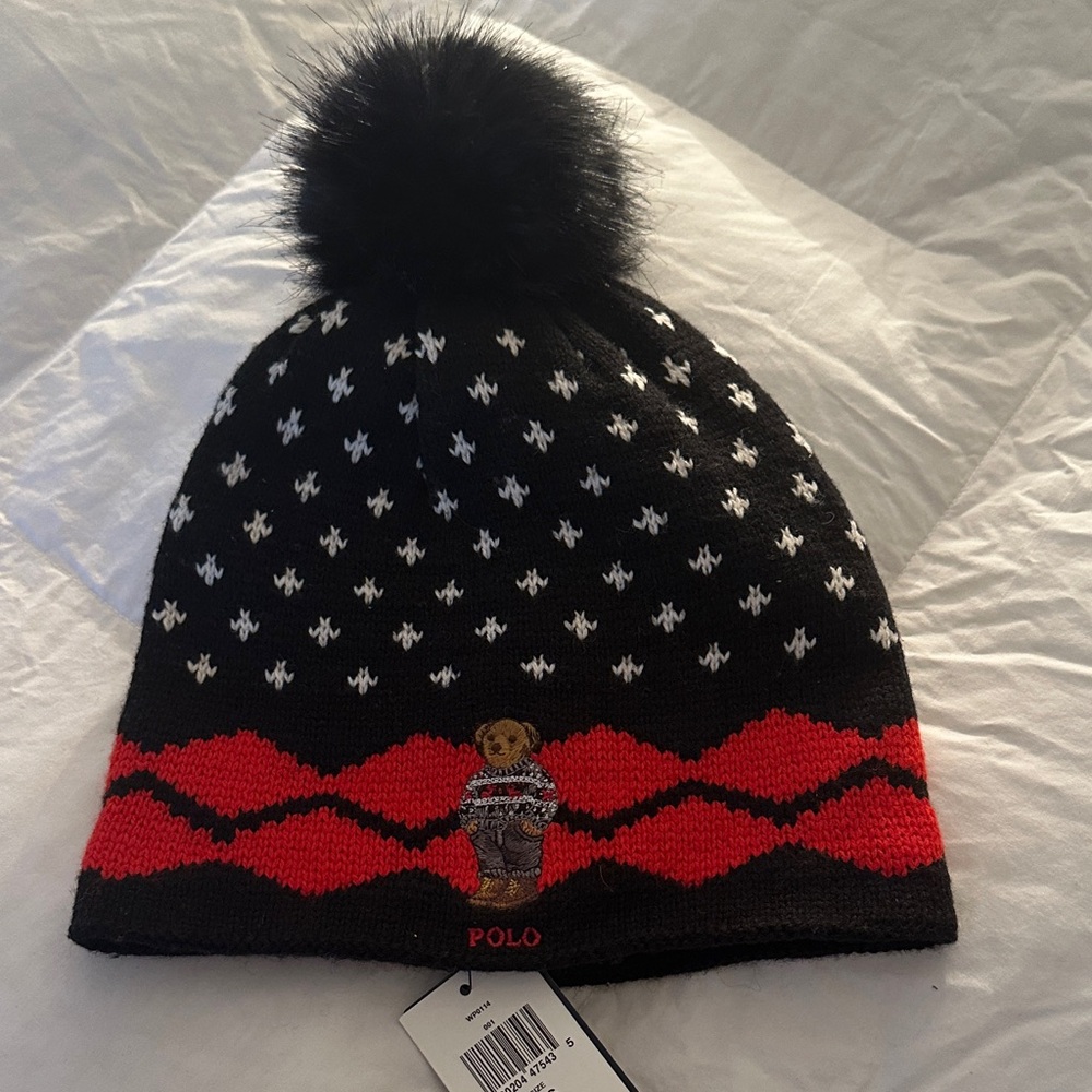 Polo by Ralph Lauren Black and Red Pom-Pom Hat